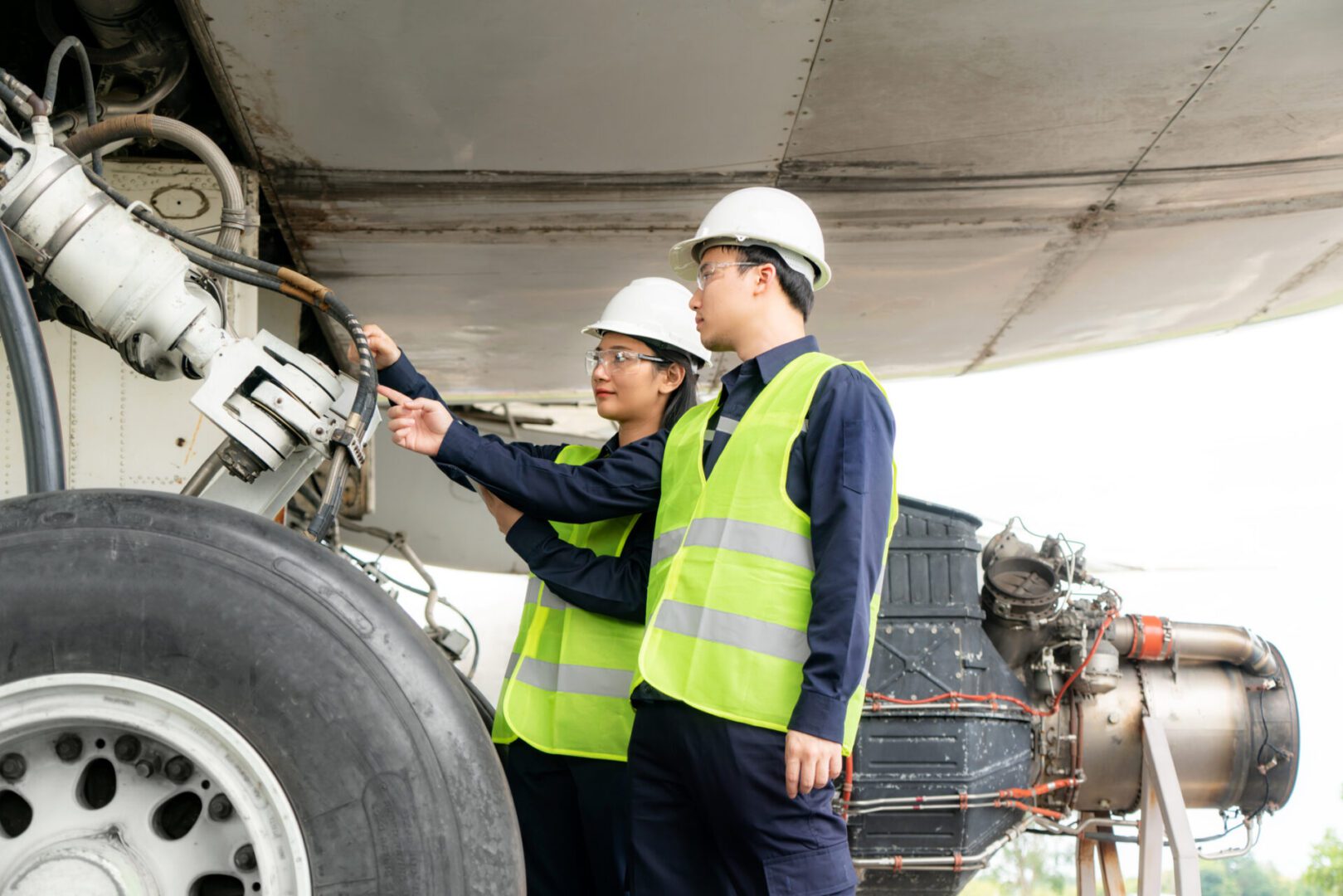 Engineers inspecting aircraft landing gear system.