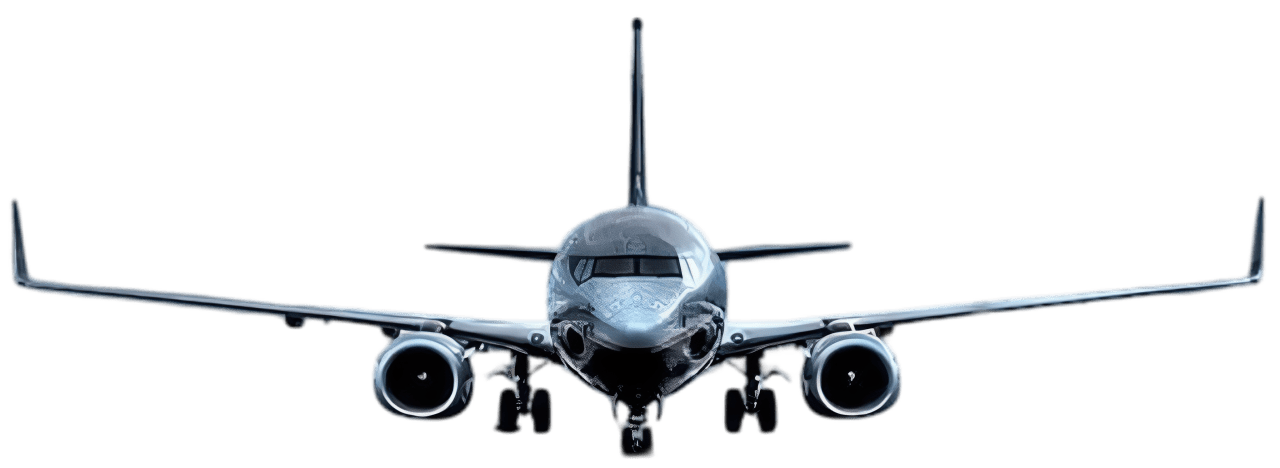Front view of a commercial airplane on the runway.